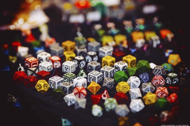 Hex and regular dice on display