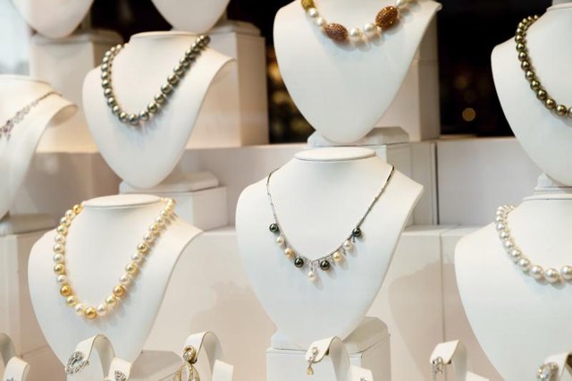 Assortment of necklaces in jewelry store.