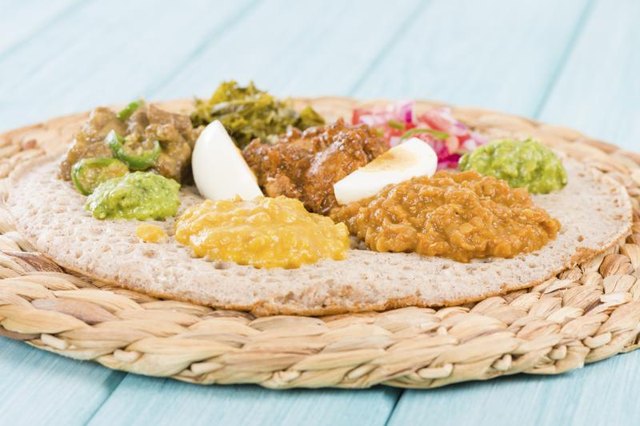 An Ethiopian meal containing injera.