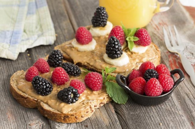 Toast with peanut butter and fruit.