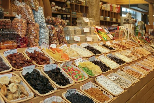 Variety of dried fruits at market