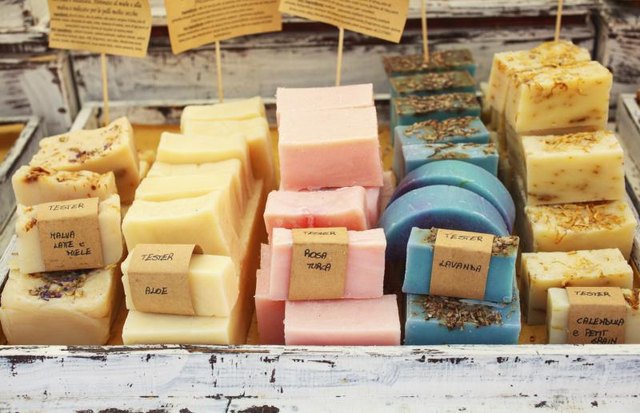 Homemade soap for sale at a market.