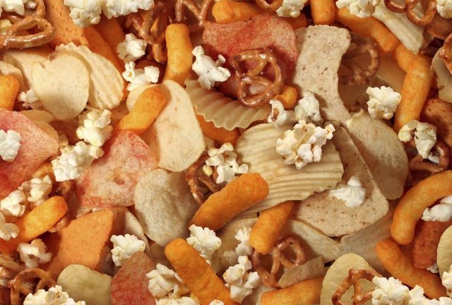 Mixture of potato chips, cheese puffs, pretzels, popcorn and tortilla chips