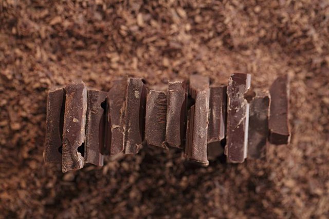 Pieces of chocolate on shavings.