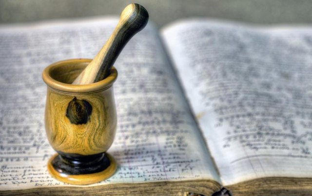 Old pharmacopeias with mortar and pestle