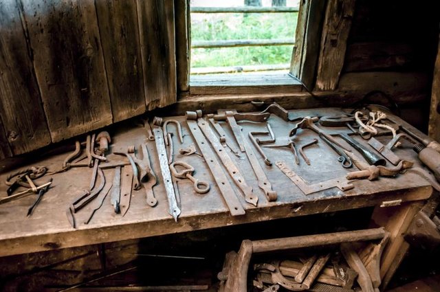 Assorted tools inside a blacksmith's forge