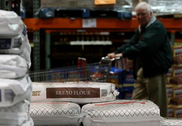 Bags of flour on display at store