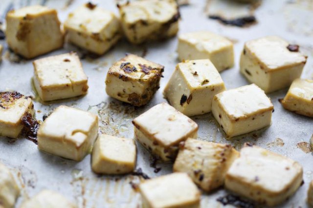Baked tofu on grill.