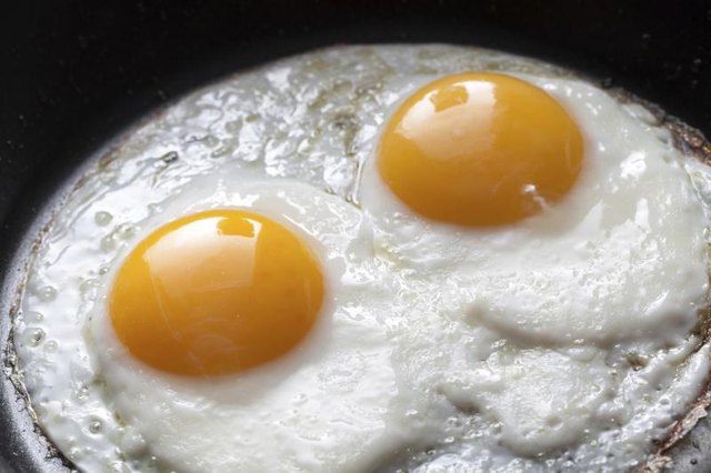 Two eggs cooking in a pan.