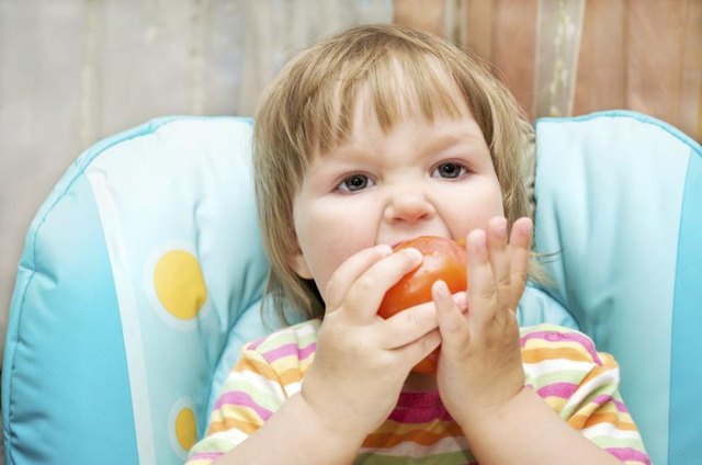 Toddler eating a fresh tomato.