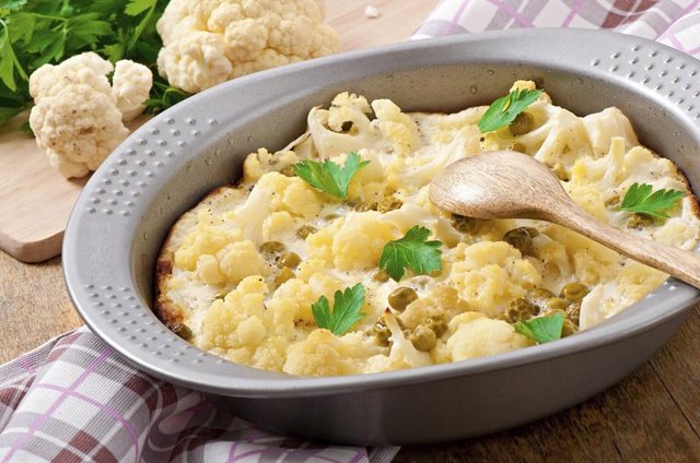 Backed cauliflower made with caraway seeds.