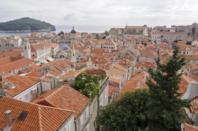 Homes in a coastal town with gray walls and terracotta rooftops
