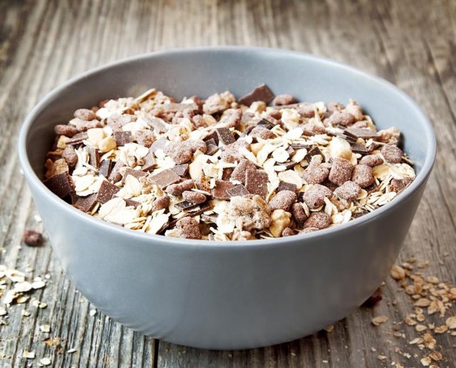 A bowl of high fiber muesli cereal.