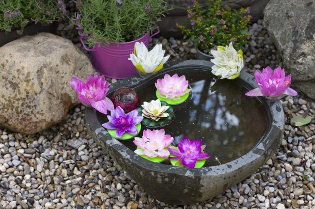 Display water features or plant pots with a rock garden for contrast.