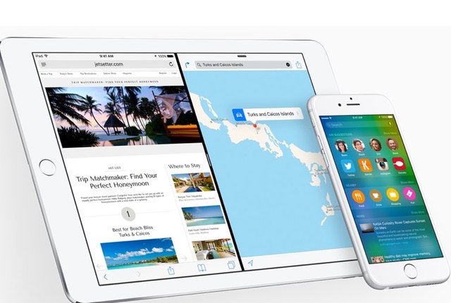 iOS 9 running on an iPad Air 2 and iPhone 6.