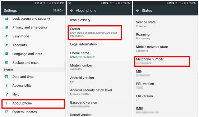 Android Settings menu to find phone number.
