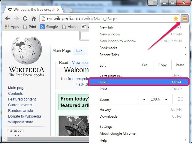 how to search a page for key words chrome