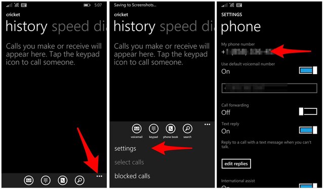 Process for finding a phone number on Windows Phone.