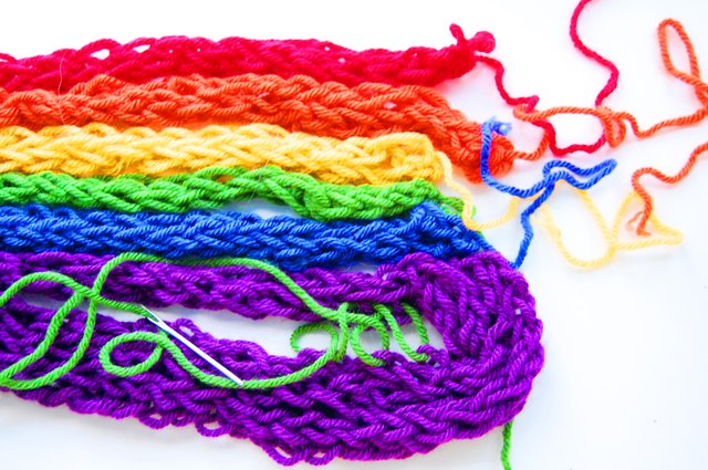 Finger knitting can be stitched together into a blanket. Finger knitting can be stitched together into a blanket.