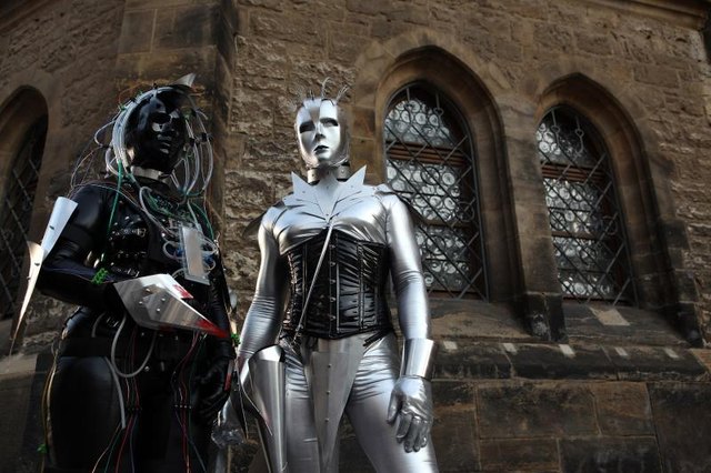 Cybergoths pose outside of church in Leipzig, Germany Cybergoths pose outside of church in Leipzig, Germany