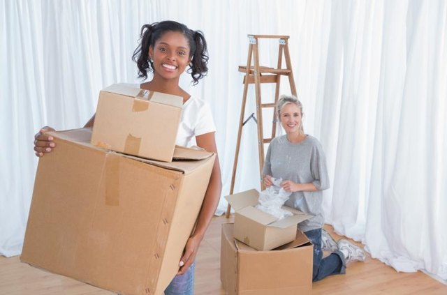 Two roommates with boxes in a new apartment Two roommates with boxes in a new apartment