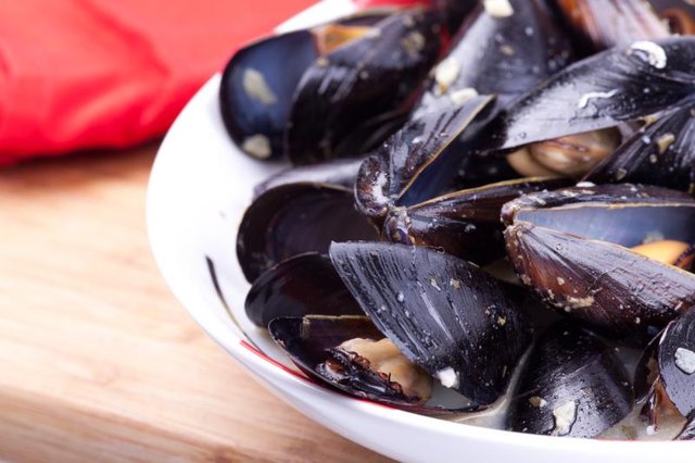 Big plate of cooked blue mussels. Big plate of cooked blue mussels.
