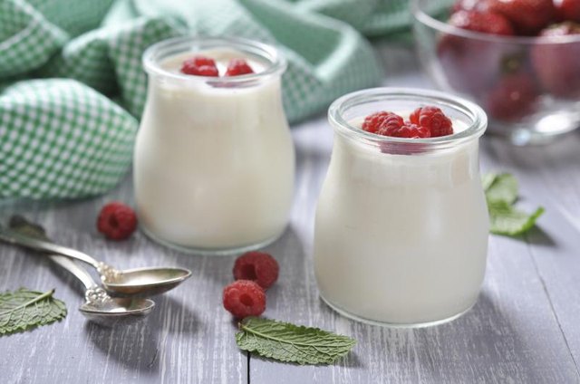 Two small dishes of Greek yogurt. Two small dishes of Greek yogurt.