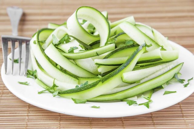 A small plate of green zucchini strips. A small plate of green zucchini strips.