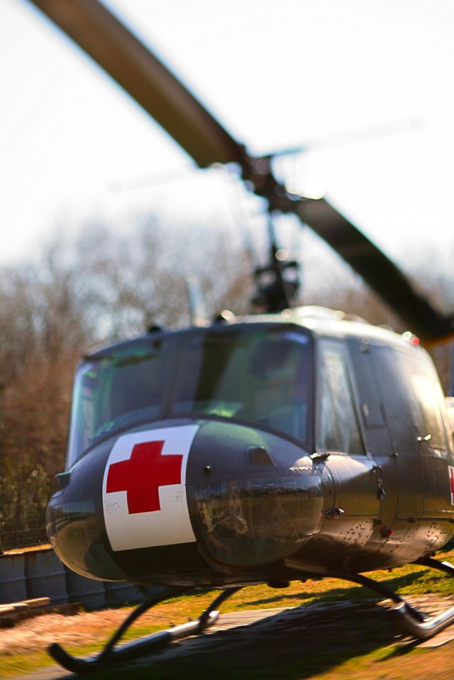 The Red Cross symbol on the front of a rescue helicopter.