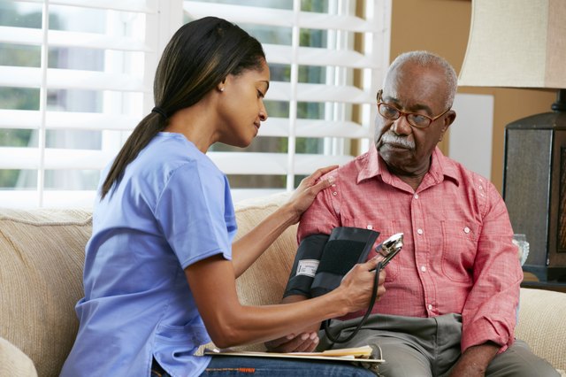 A doctor checks a patient's blood pressure.