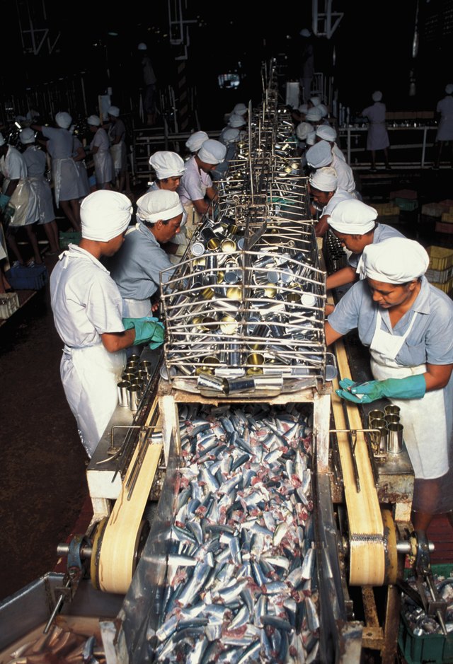 Factory workers line.