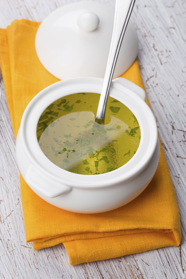 Spoon in a bowl filled with chicken broth