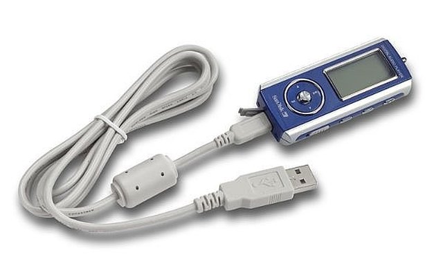 An image showing a USB cord and where it connects on a SanDisk Sansa music player.