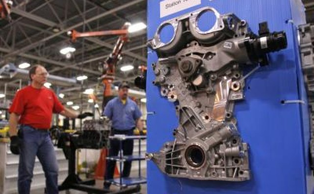 Engine parts on display at mechanic's shop