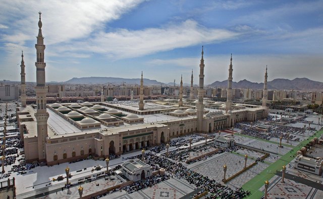 The Prophet's Mosque in Medina is a landmark with its tall minarets.