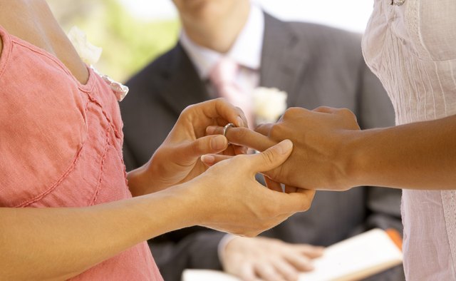 A wedding band is placed on the left ring finger.