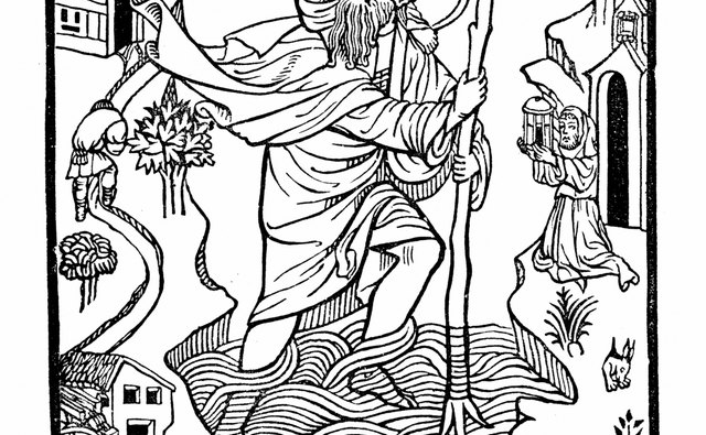 St. Christopher carried Christ across a stream.