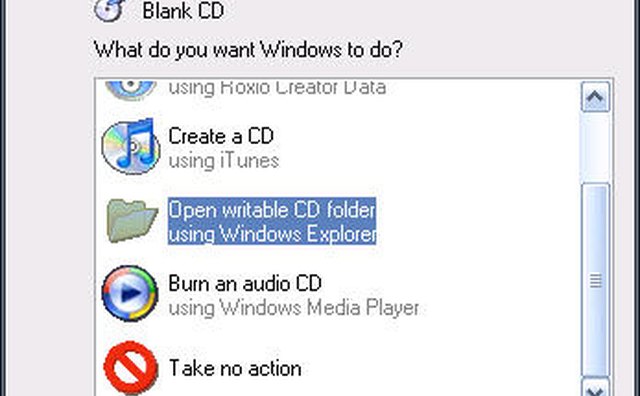 Pop-up window showing choices for a blank CD
