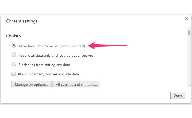 Use Chrome's recommended settings to enable cookies.