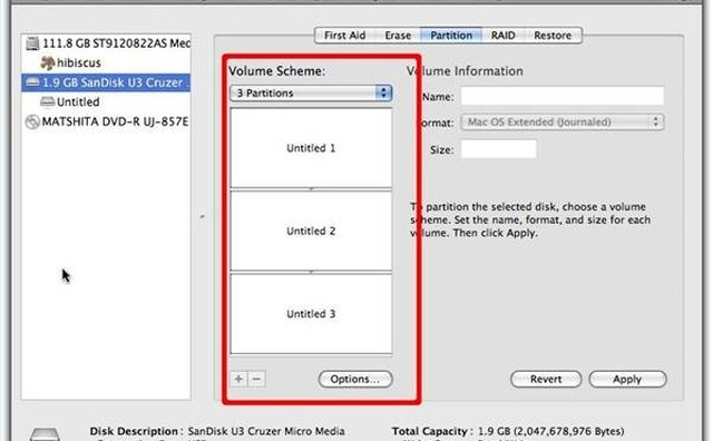 A USB Thumb Drive with 3 Partitions selected.