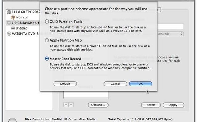 Disk Utility Formatting Options for Partitions.