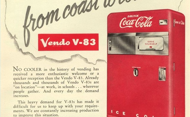 An advertisement for a pre-1956 Vendo 83 Coke machine