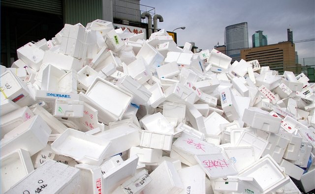 This mountain of Styrofoam containers was photographed outside a Tokyo fish market.