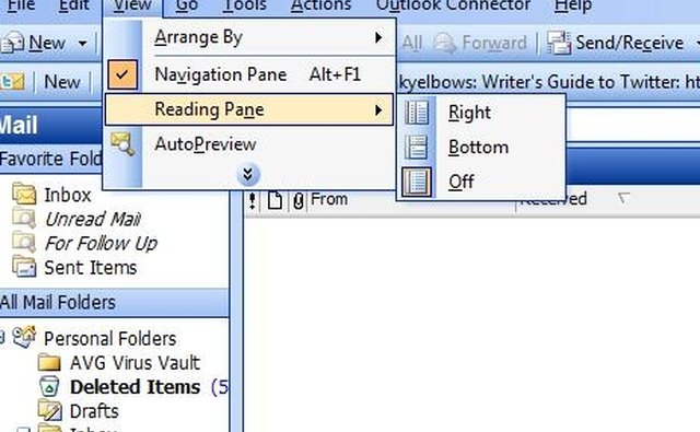Reading pane options.