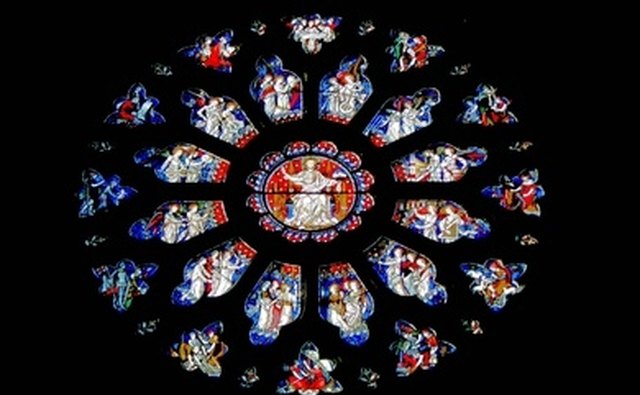 Rose windows often depict Biblical stories in their glasswork.