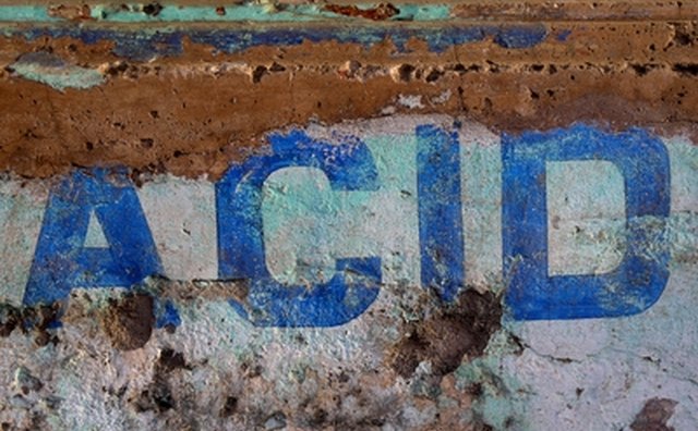 Improperly stored acid will eat away at the container and pose a health hazard.