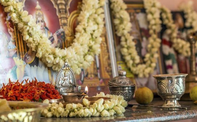 An alter prepared for a puja ritual.