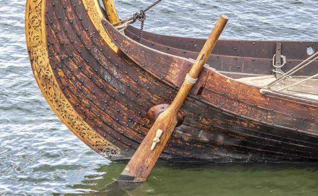 The rudder on a viking boat.