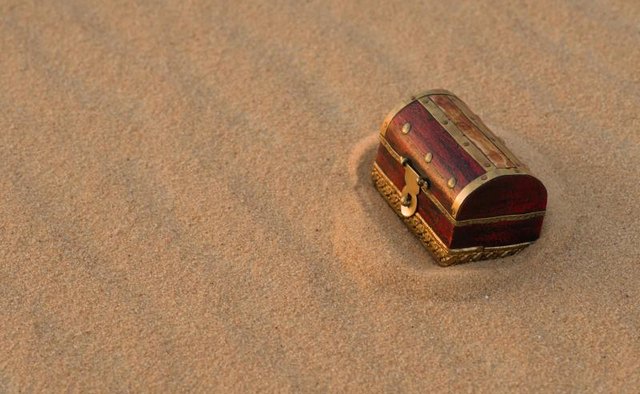A treasure chest in sand.