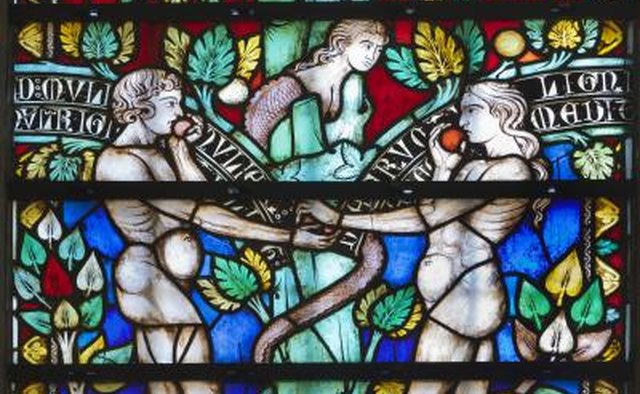Stain glass illustration of Adam and Eve